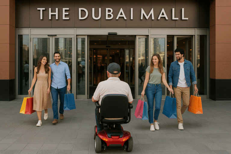 Man in a rental mobility scooter at the entrance to Dubai Mall